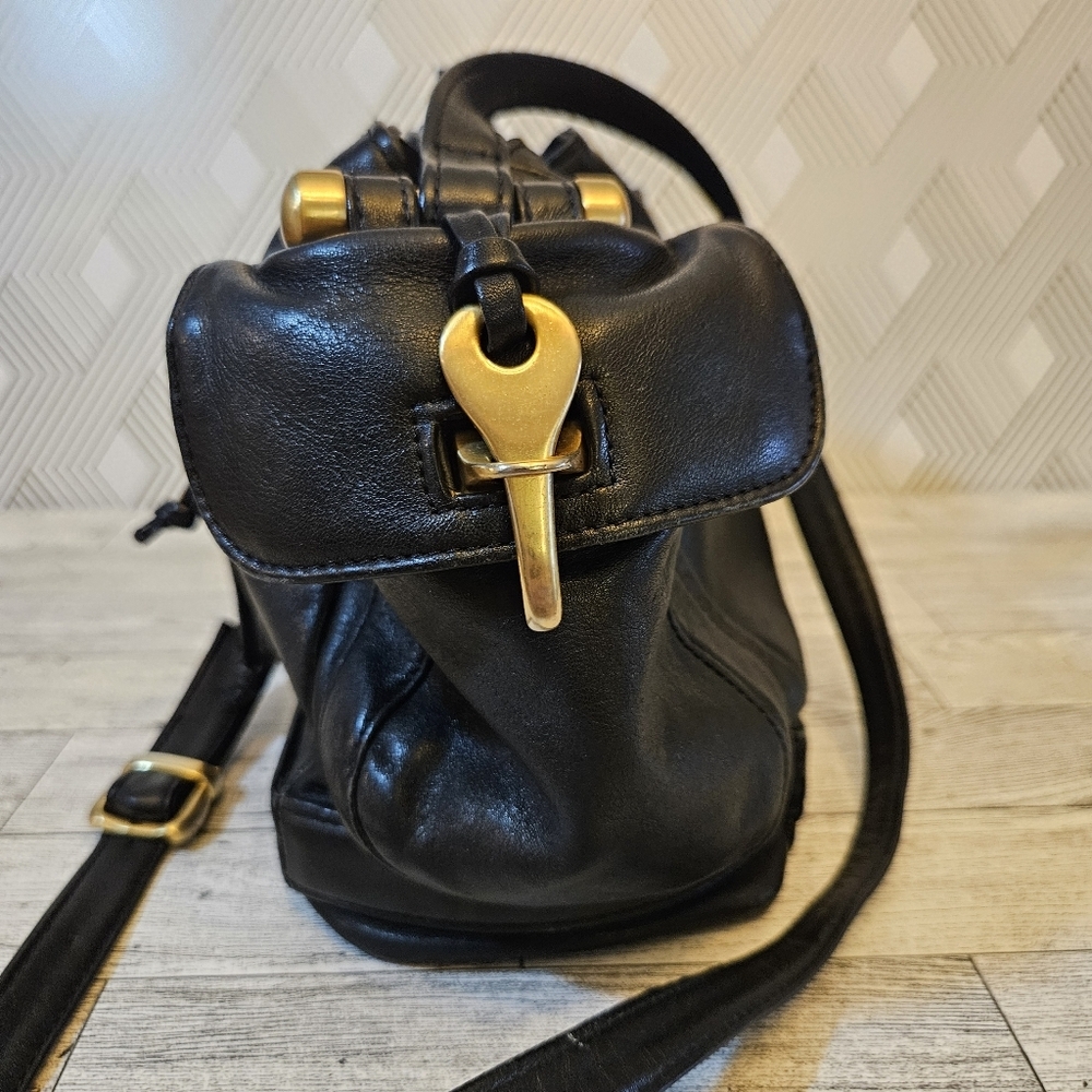 Sabina Black Leather Drawstring Shoulder Bag with Gold Accents - Picture 3 of 16